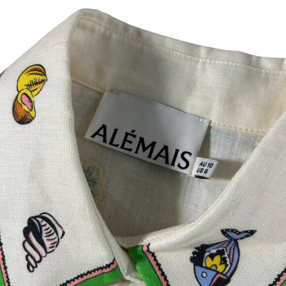 Alemais Womens Size 6 Linen Mini Dress Tropical Mermaid Fish Button Front - Picture 5 of 14